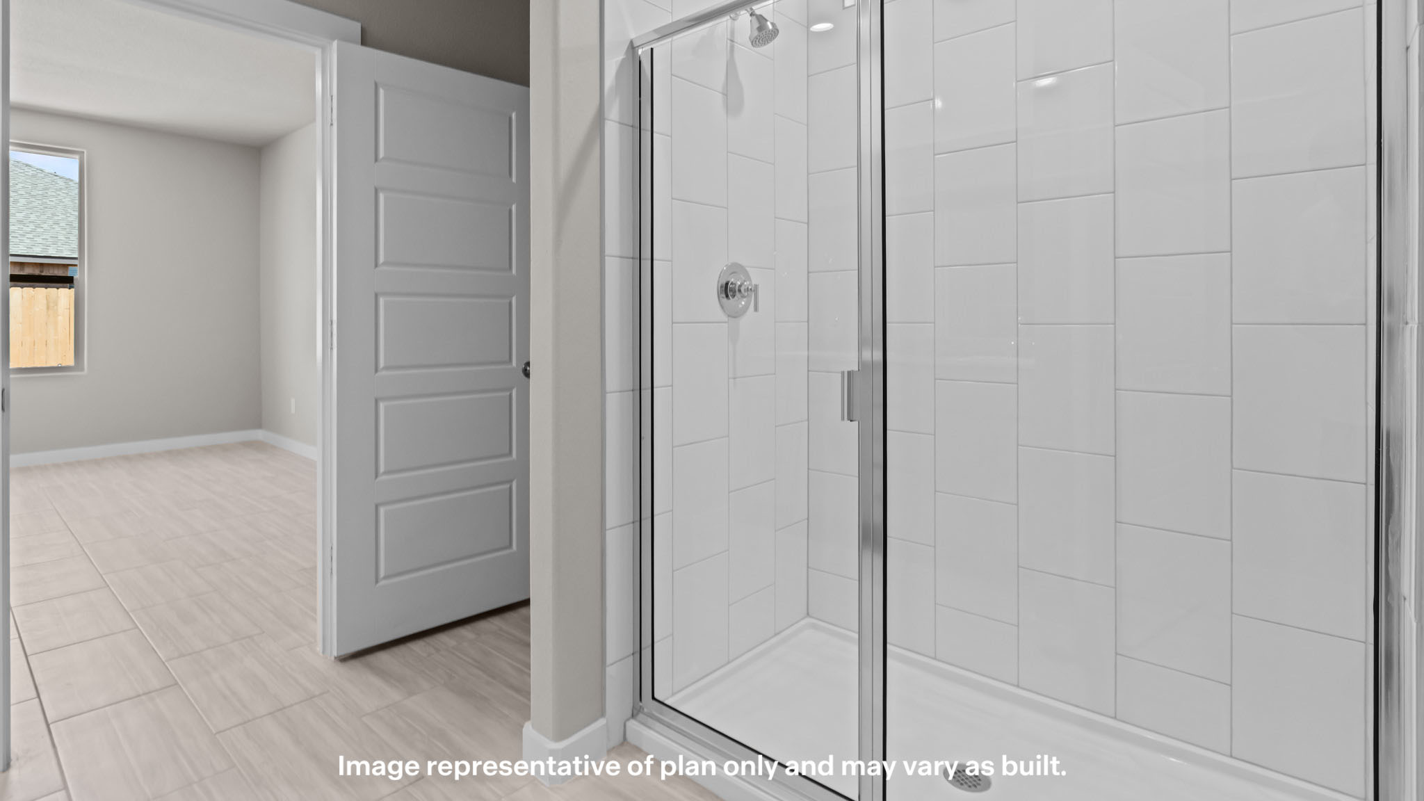 Primary bathroom with luxurious shower and built in storage