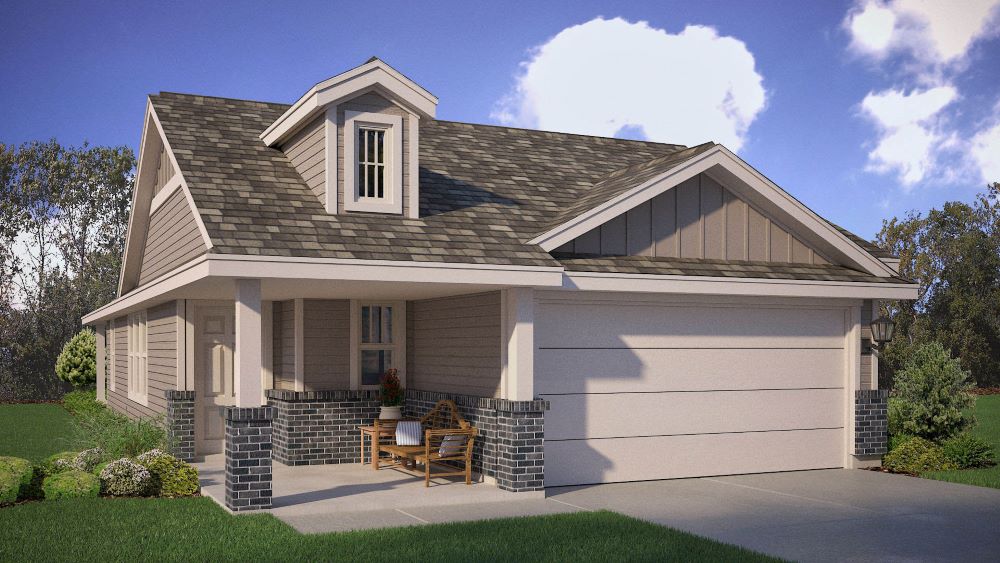 A stylish elevation showcasing darker brick accents, a spacious front porch, and modern curb appeal.