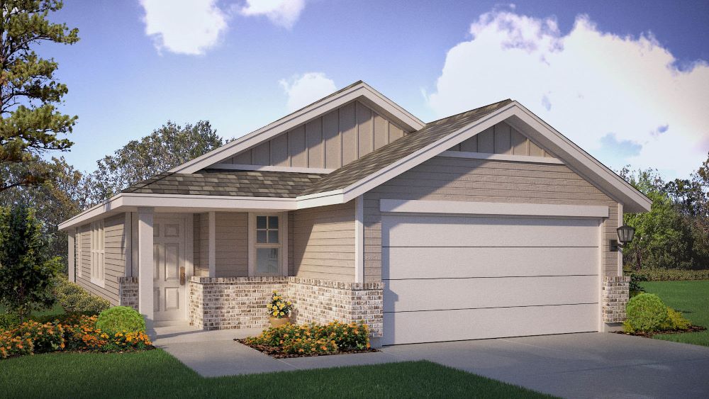 A charming single-story home featuring a covered front porch, neutral siding, and a clean two-car garage design.