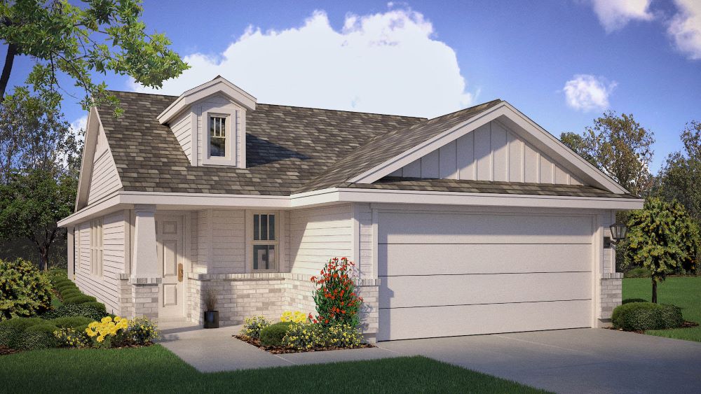 An inviting exterior elevation with a light brick accent, dormer detail, and a welcoming front entry.