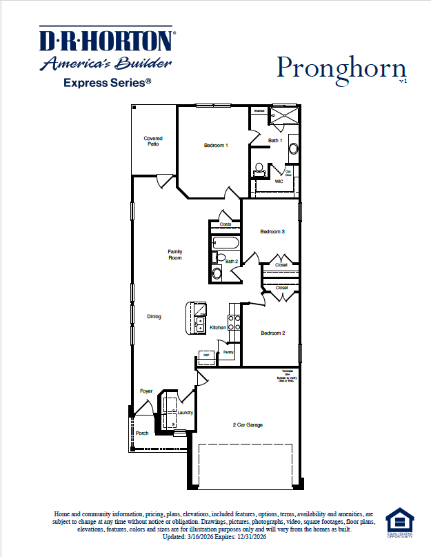 A functional 3-bedroom, 2-bath layout with an open-concept living space, private primary suite, and covered patio.