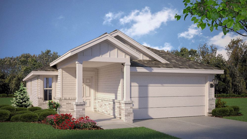 A bright and inviting home with a gabled porch entry, soft neutral tones, and elegant stone accents for a timeless look.