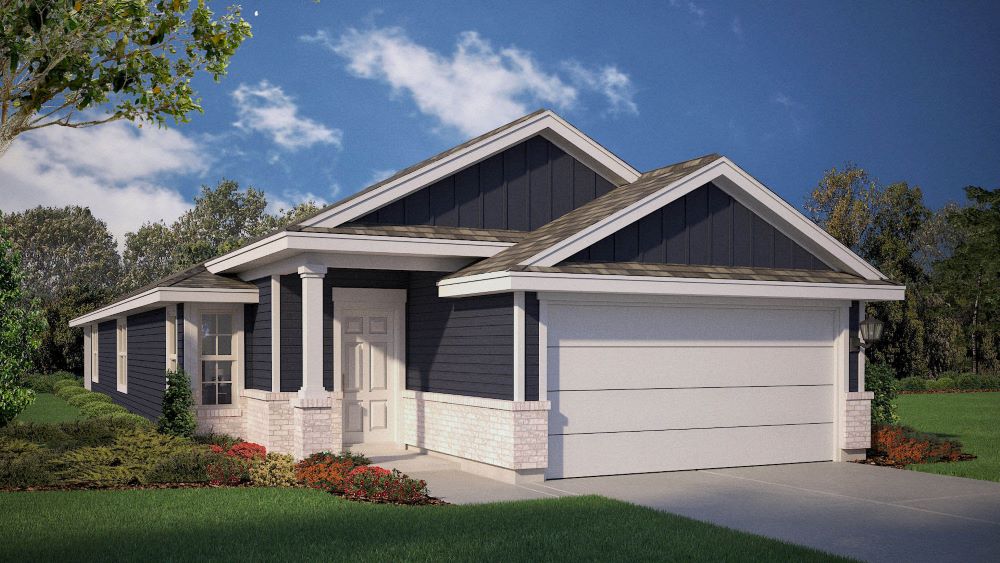 A beautifully designed single-story home featuring bold dark siding, stone accents, and a welcoming covered front porch.