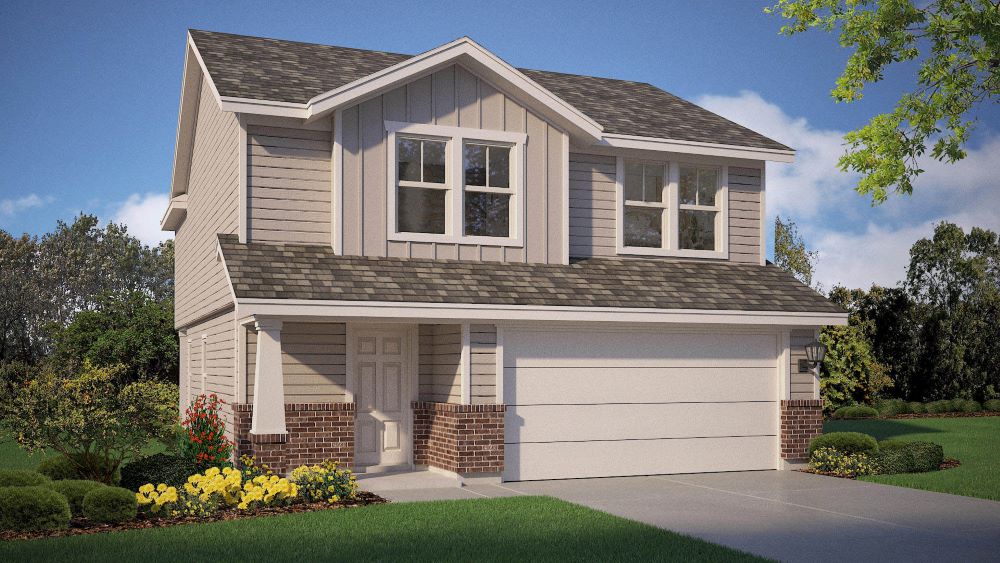 A charming two-story home featuring light siding, brick accents, a covered front porch, and a spacious two-car garage with welcoming curb appeal.