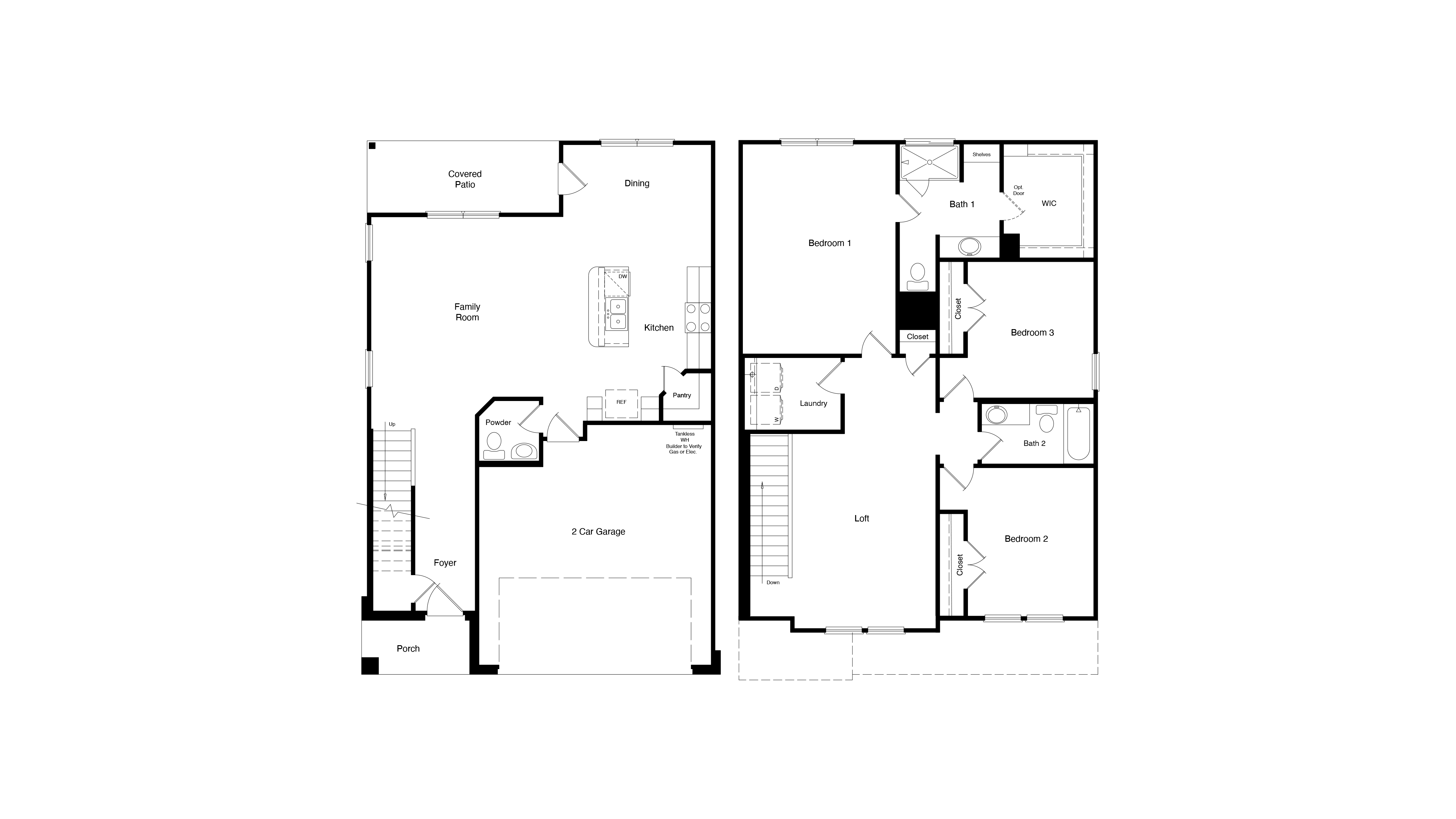 A well-designed two-story floorplan offering an open-concept main living area, covered patio, three bedrooms upstairs, and a versatile loft space.