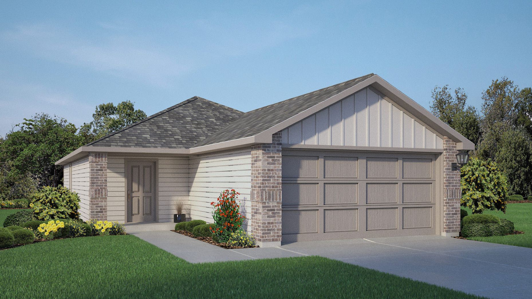 Rendering of exterior of single-story home with modern sturdy siding