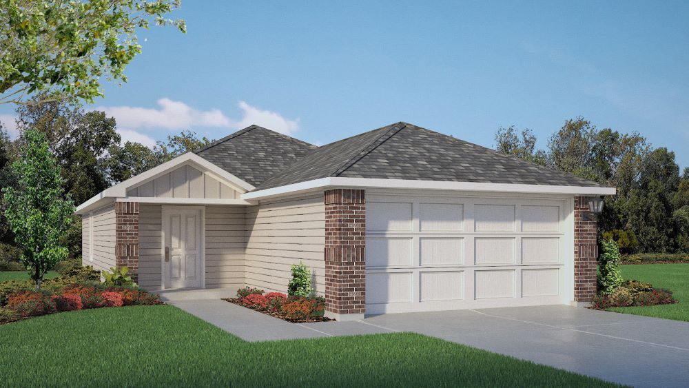 Exterior rendering of single story home with sturdy siding exterior featuring timeless brick accents
