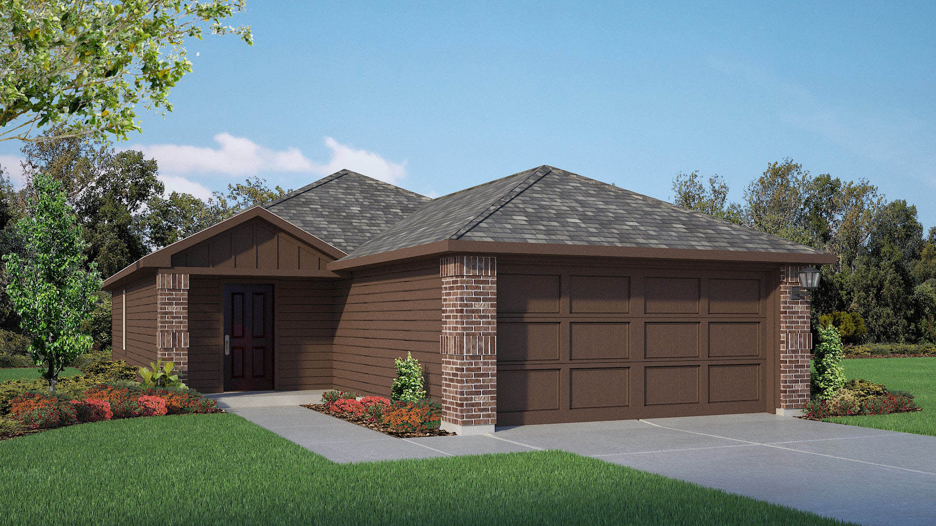 Exterior rendering of modern single-story single-family home