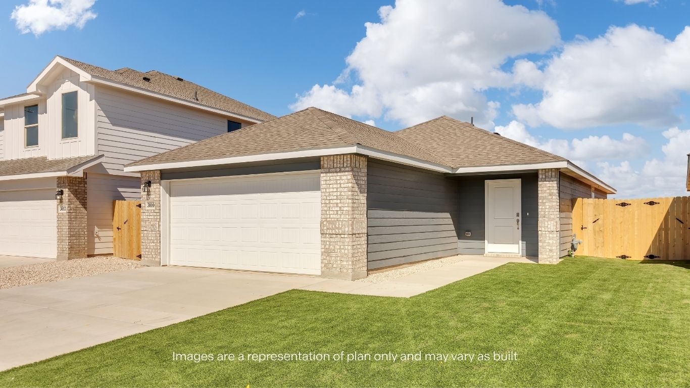 This thoughtfully designed home offers a stylish façade with durable materials and an inviting covered entry.
