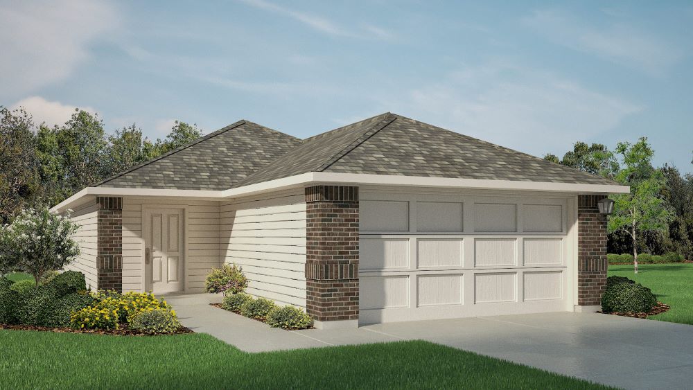 Exterior rendering of single story home with sturdy siding exterior featuring timeless brick accents