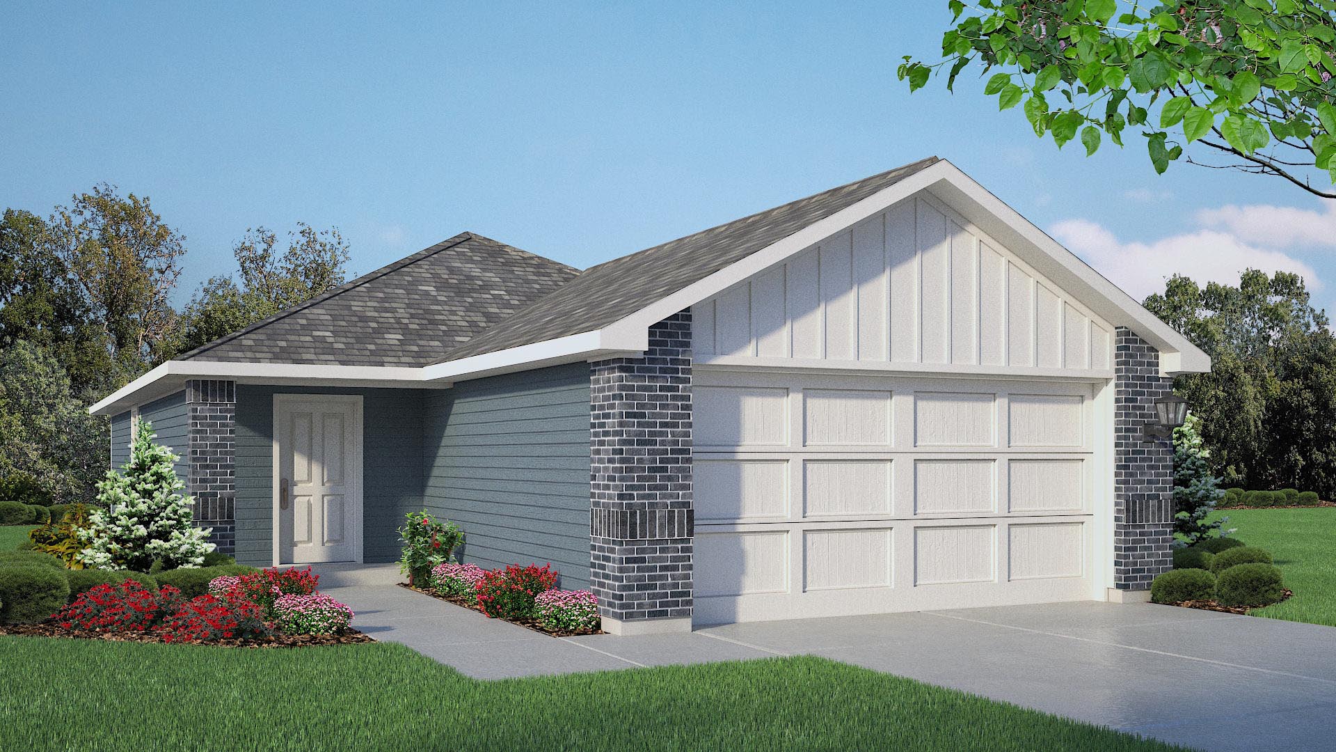Exterior rendering of single-story single-family home