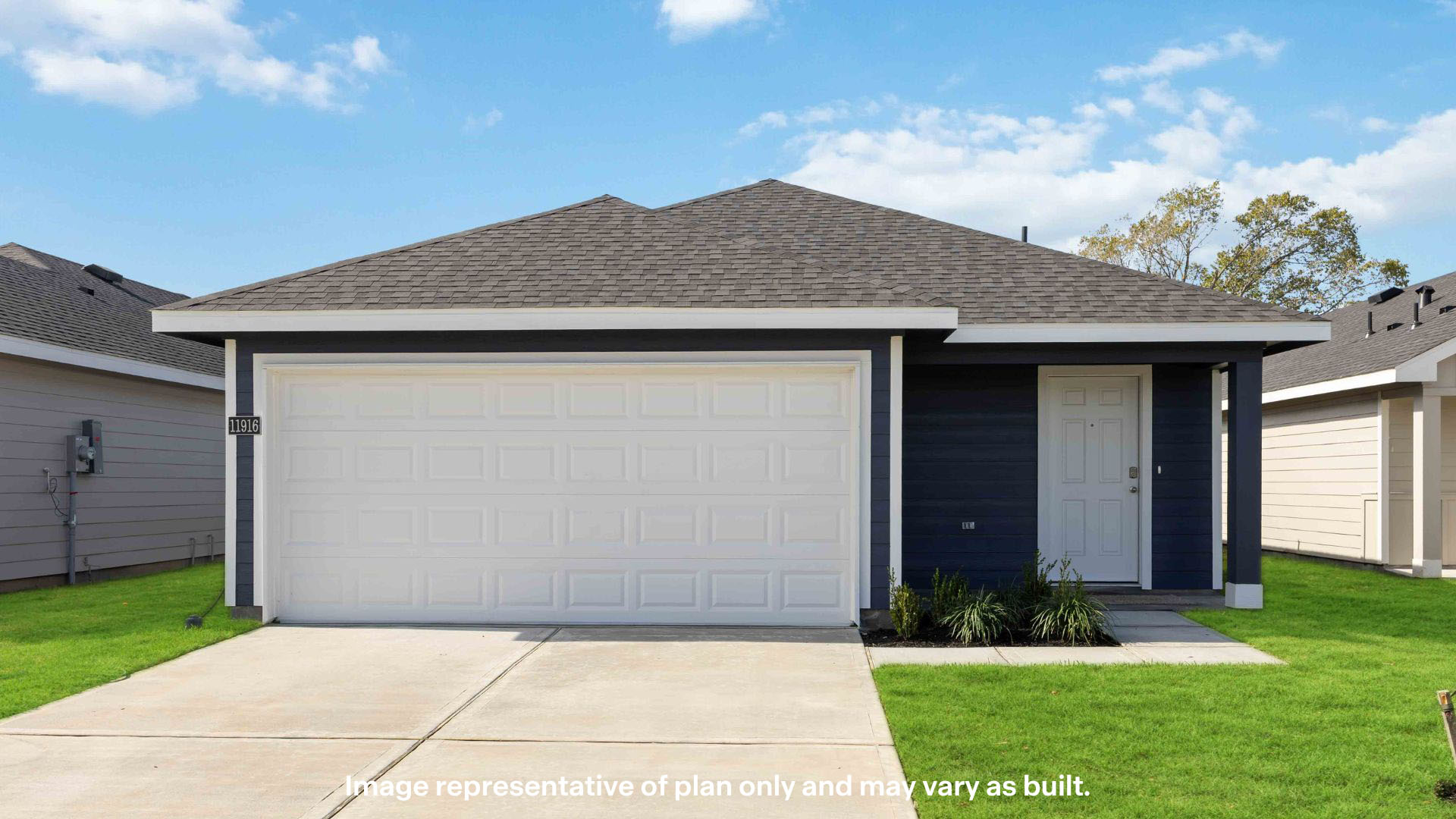 Exterior of single story home with sturdy siding exterior featuring timeless brick accents