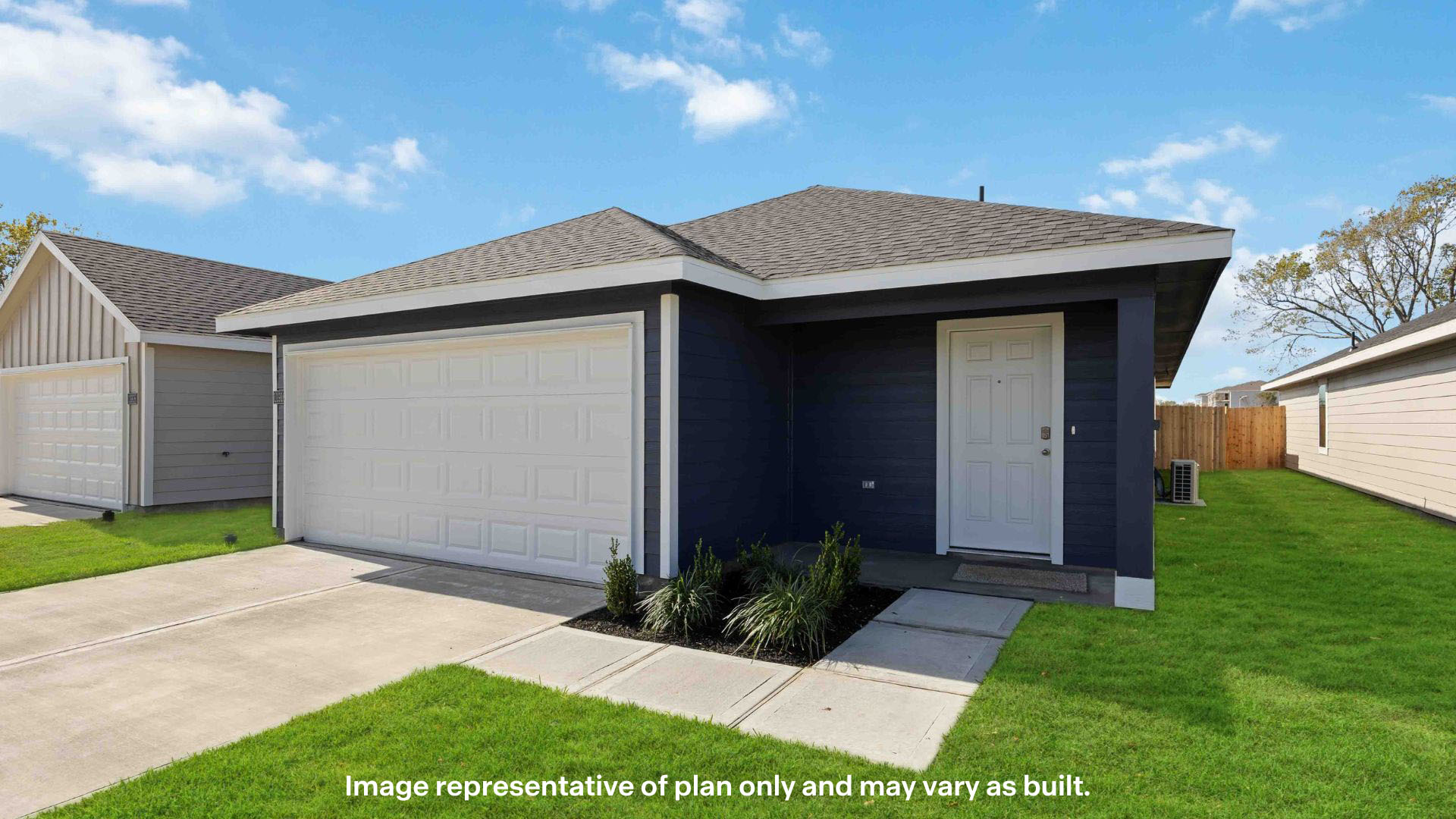 Side view of single story modern farmhouse home with sturdy siding