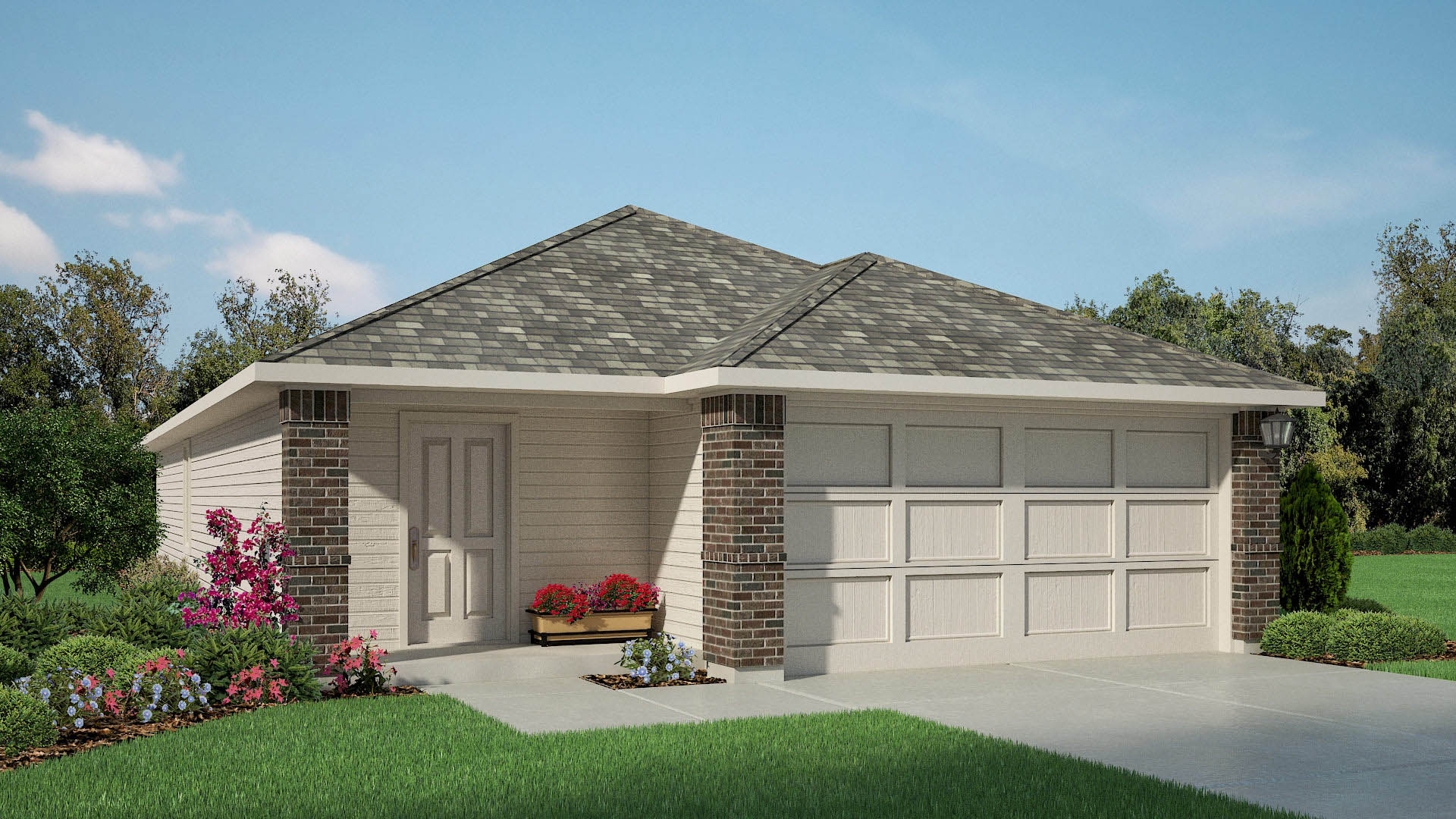 Exterior rendering of single-story single-family home
