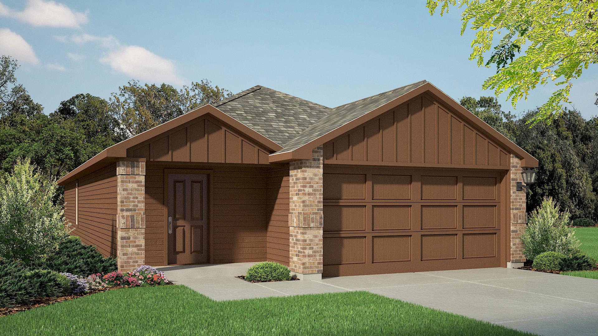 Exterior rendering of modern single-story home