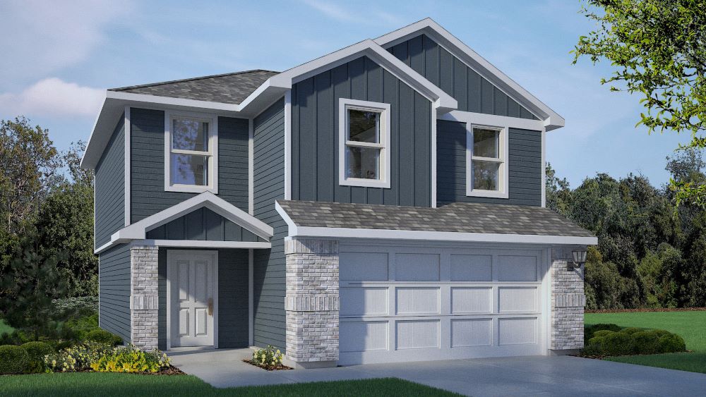 Exterior rendering of a two story home with sturdy siding exterior featuring timeless brick accents