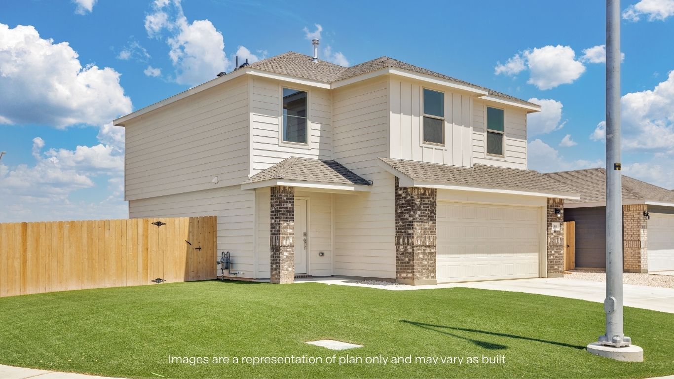 A side view highlights the home's clean architectural lines, durable exterior finishes, spacious homesite, and inviting front porch.