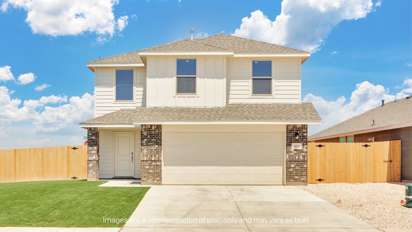 The Dama showcases attractive curb appeal with a modern siding exterior accented by timeless brick details, a two-car garage, and a welcoming covered entry.