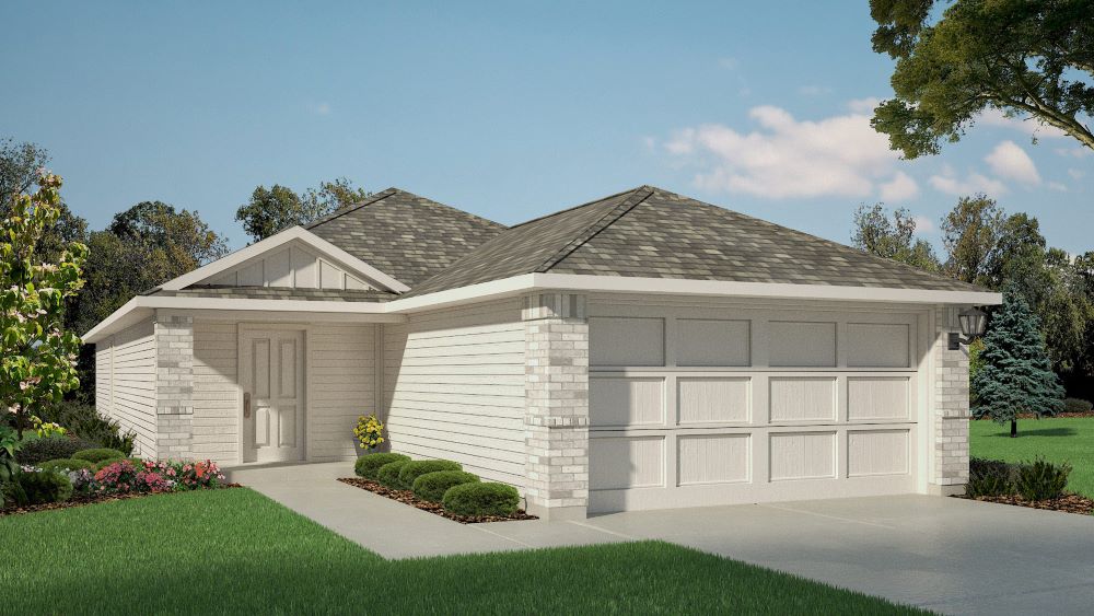Exterior rendering of single story home with sturdy siding exterior featuring timeless brick accents