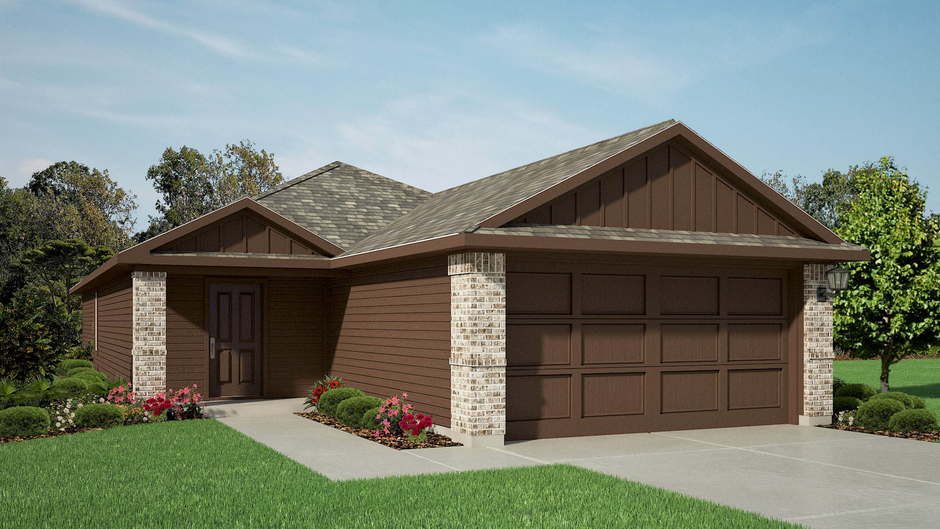 Exterior rendering of one story modern brick home
