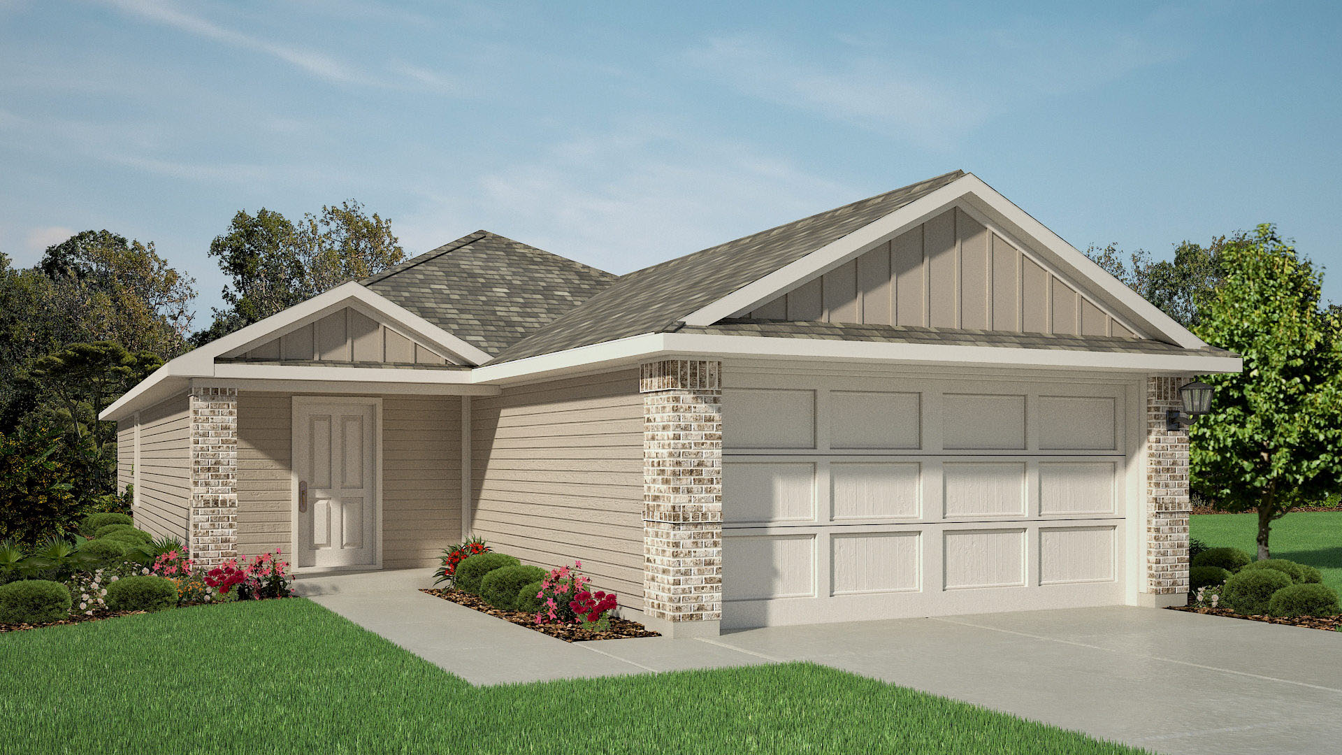 Exterior rendering of single story home with sturdy siding exterior featuring timeless brick accents