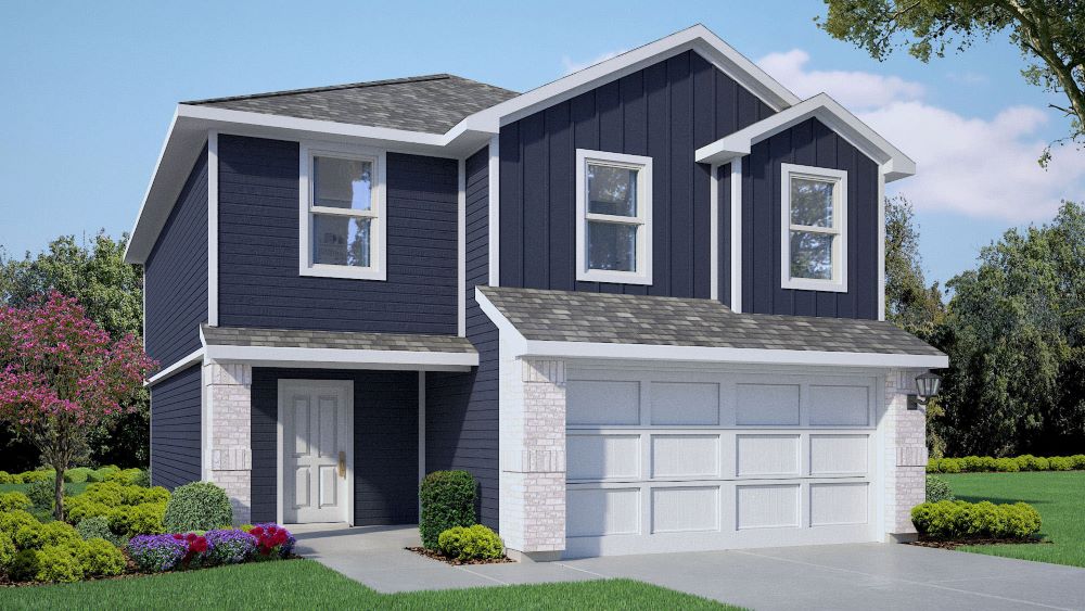 Exterior rendering of a two story home with sturdy siding exterior featuring timeless brick accents