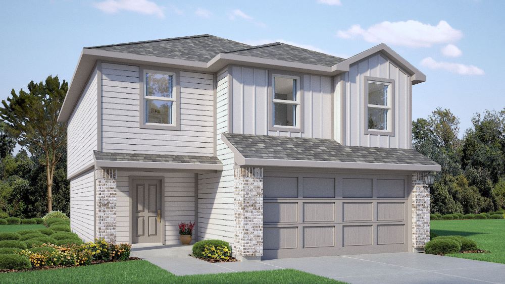 Exterior rendering of a two story home with sturdy siding exterior featuring timeless brick accents