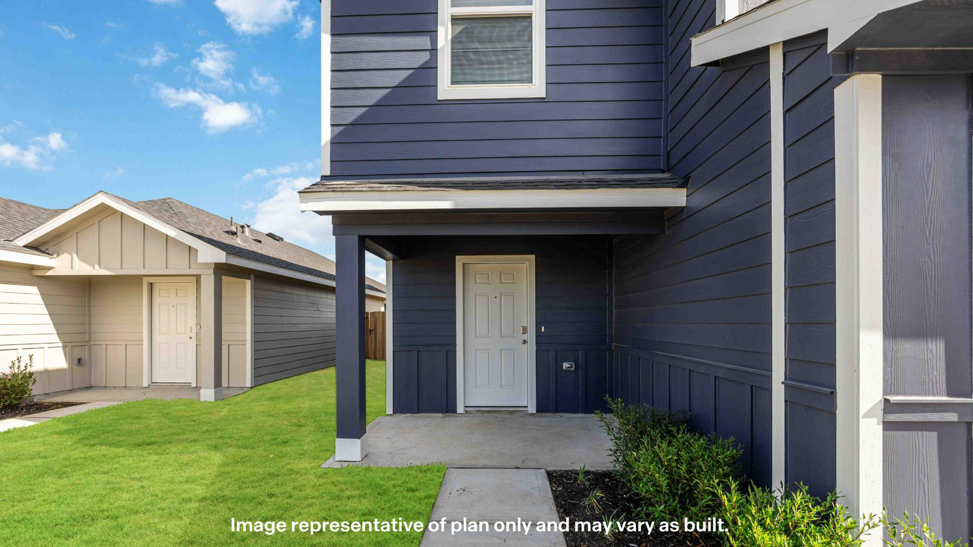 A stylish two-story home design showcasing a covered entryway, charming architectural details, and a well-maintained front lawn.