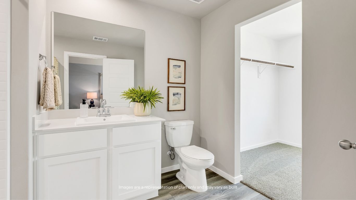 The primary bath includes a large vanity, private bath area, and direct access to the spacious walk-in closet.
