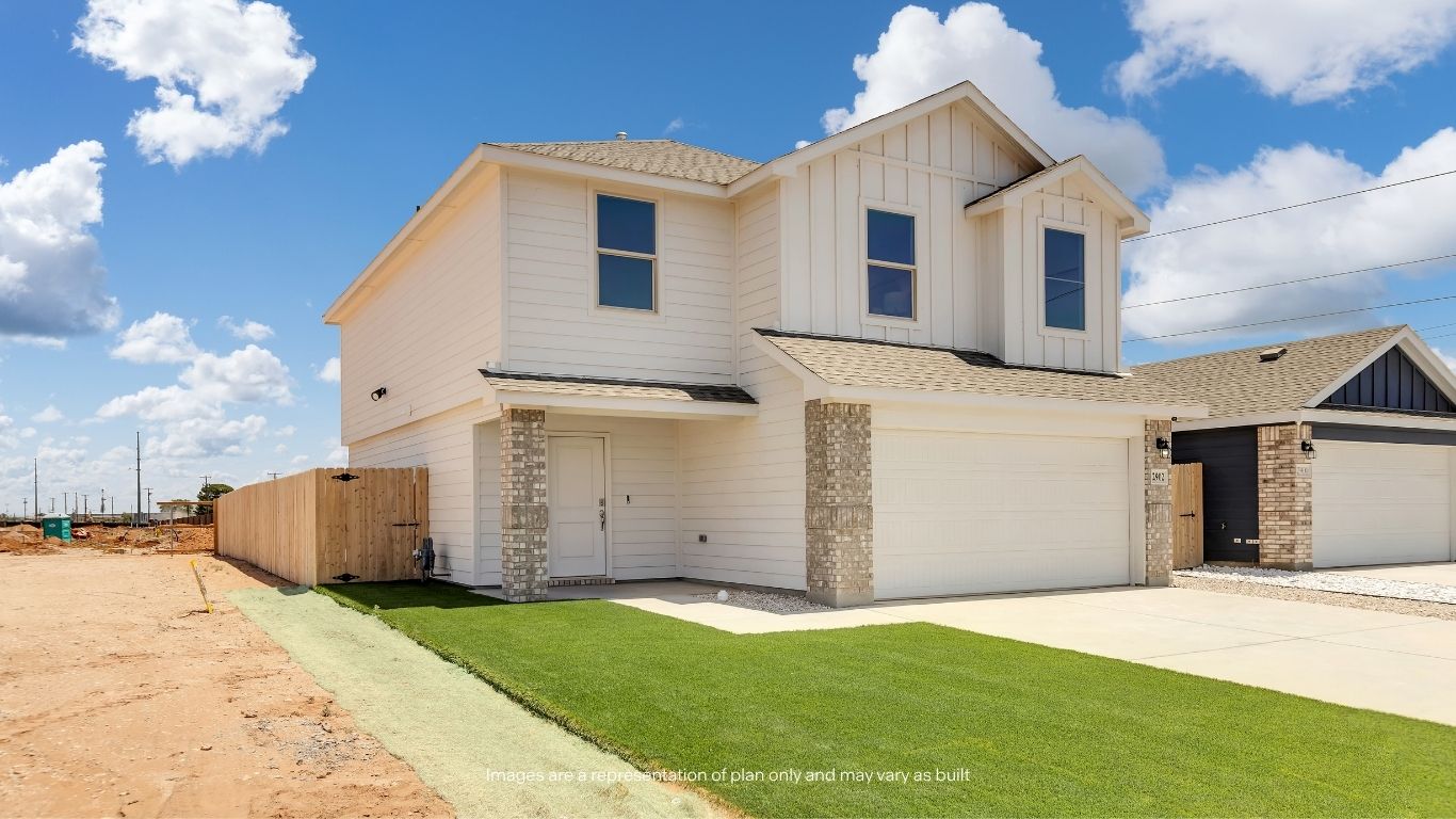 This angle highlights the home's charming farmhouse-inspired elevation, oversized lot potential, and inviting front entry.