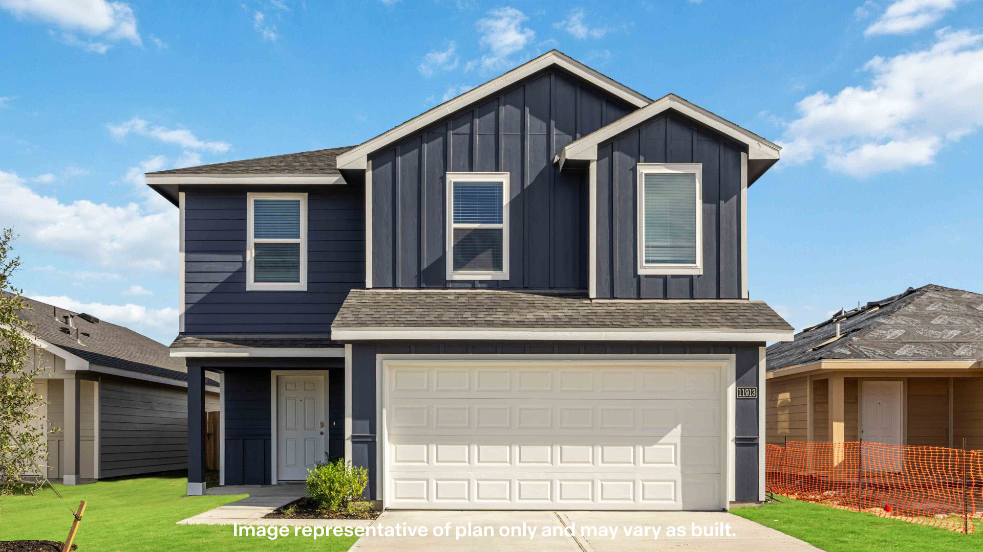Exterior of two-story modern sturdy sided home