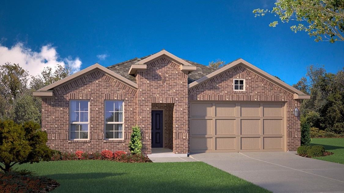 Exterior rendering one story modern brick home