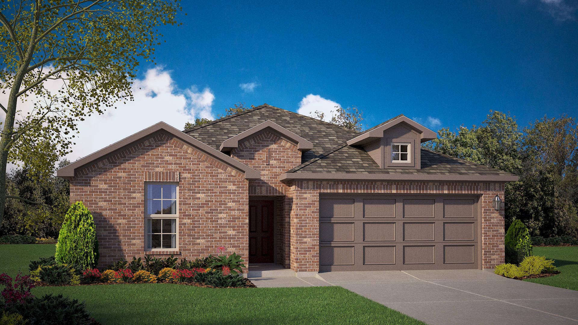Exterior rendering one story modern brick home