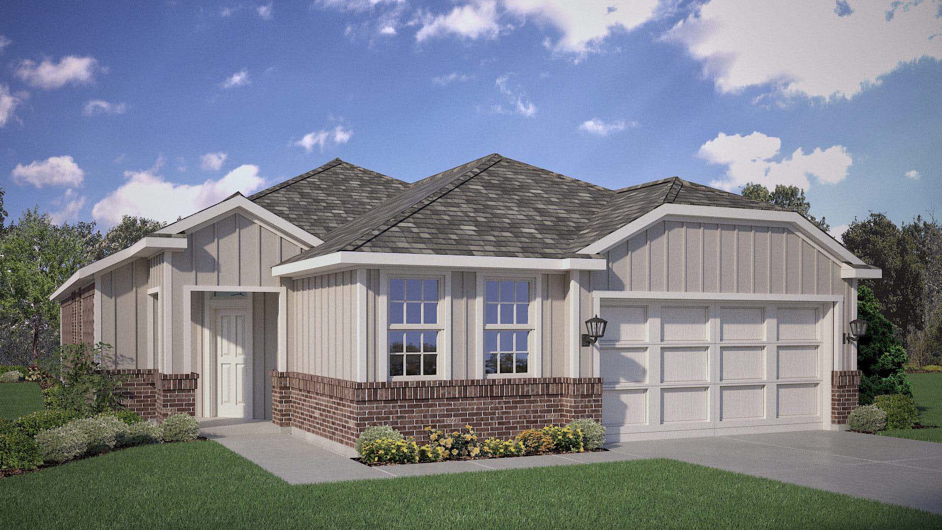 Exterior rendering of one story modern brick home