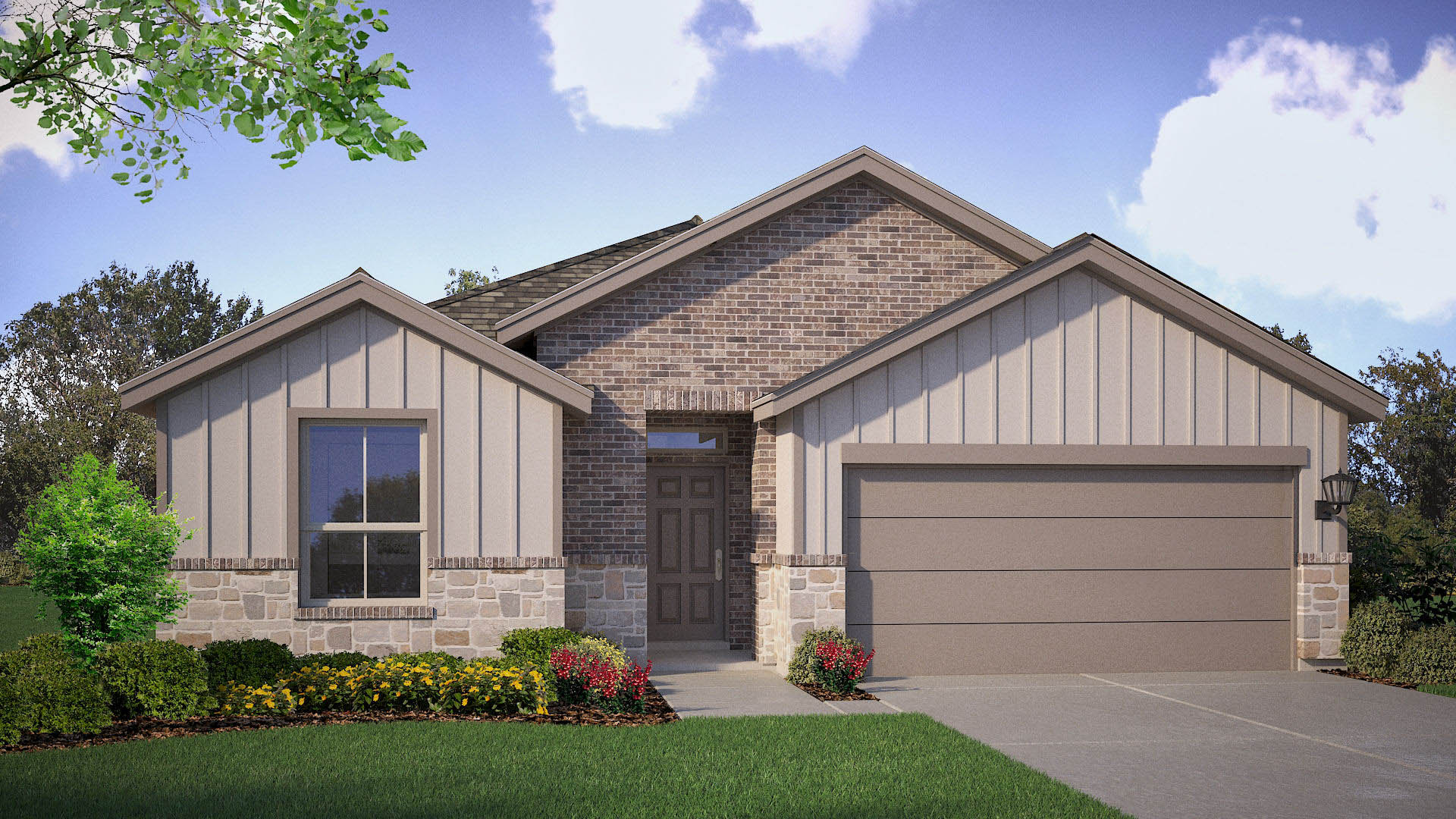 Exterior rendering of one story modern brick home