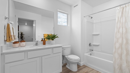 Full-size bathroom with taupe cabinets and white shower tub surround.