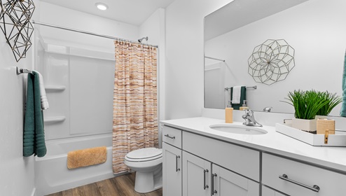 Full size bathroom with white shaker cabinets and a tub shower combination.