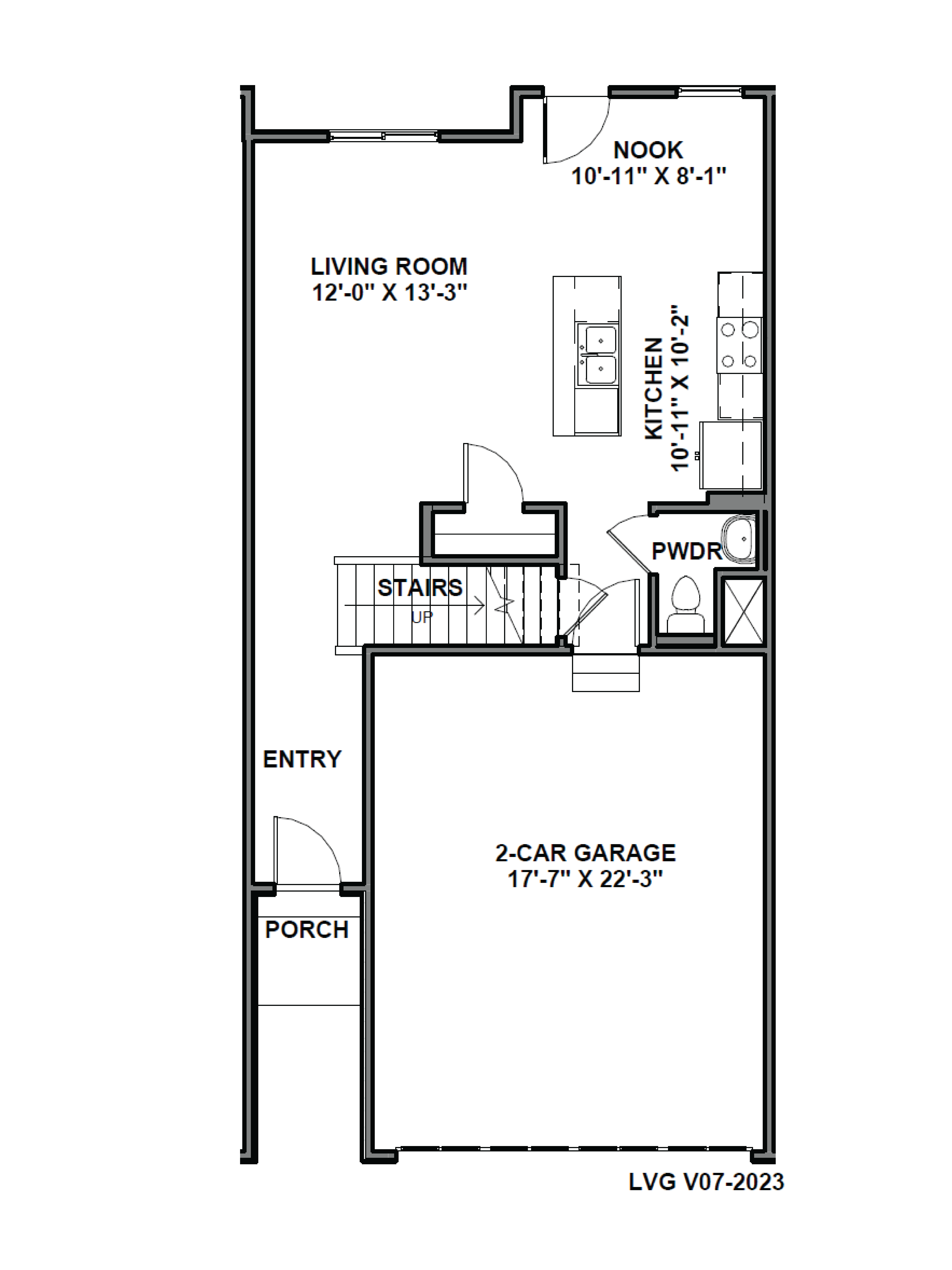 Main floor Millbrook floorplan with two car garage and open kitchen