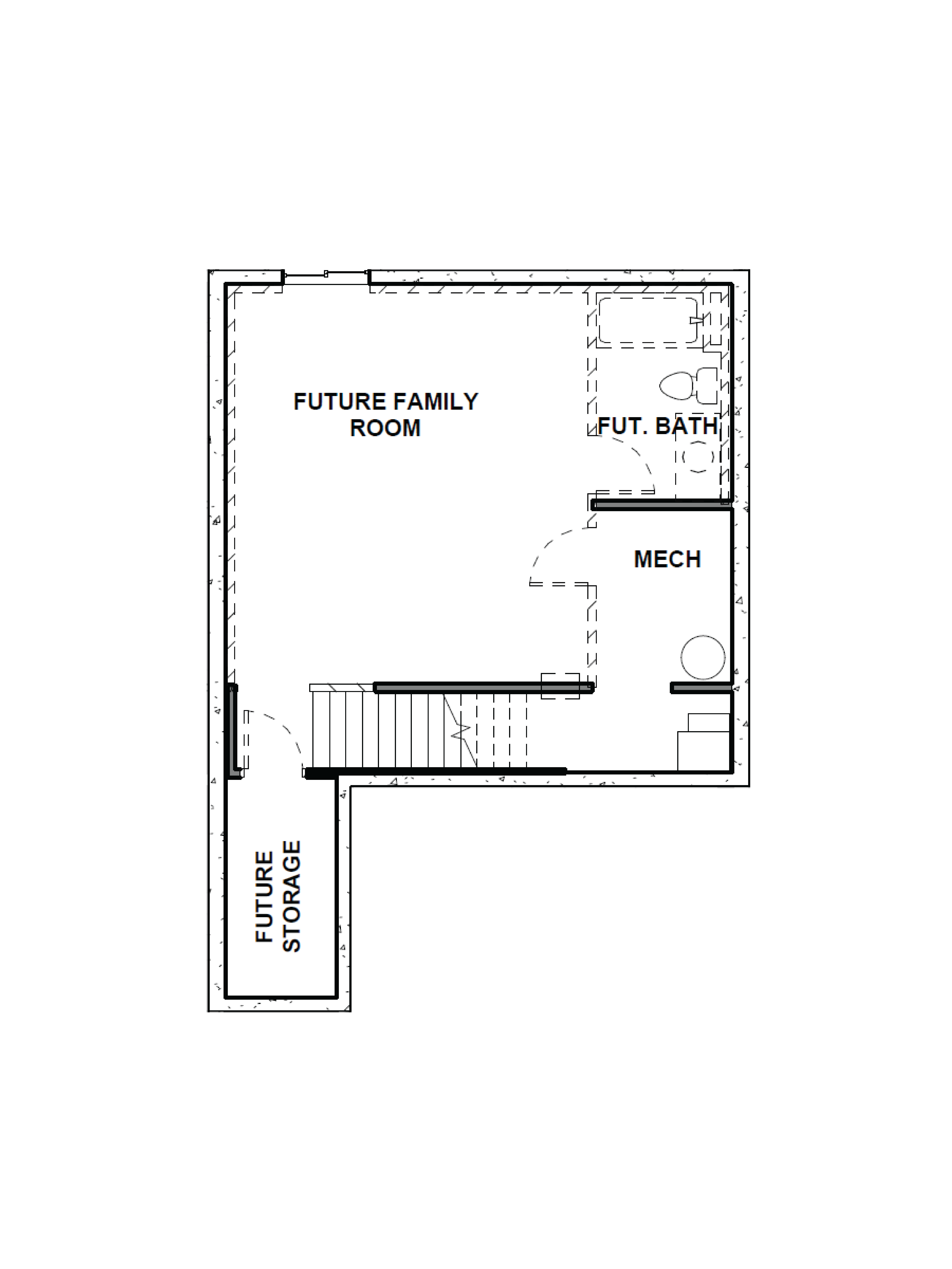 Unfinished basement Millbrook floorplan plumbed for an additional bathroom and living area.