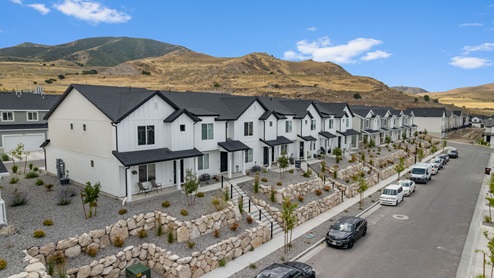 Aerial photo of the new homes for sale at the Little Valley Gateway community in Magna Utah.