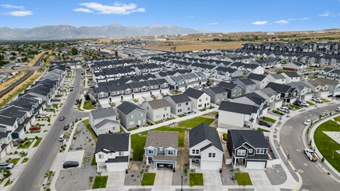 Aerial photo of the new homes for sale at the Little Valley Gateway community in Magna Utah.