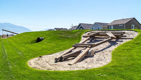 A terra park with luscious green grass at the Little Valley Gateway community by D.R. Horton.