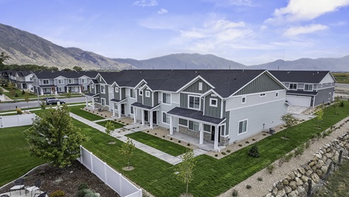 Aerial view of townhome exteriors with landscaping in Provo Utah.