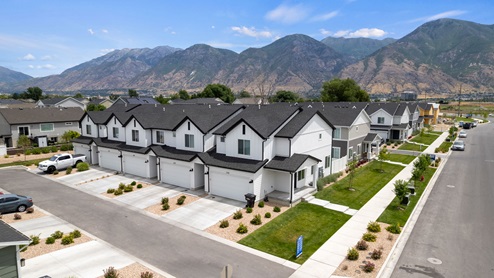 Aerial view of townhome exteriors with landscaping in Provo Utah.