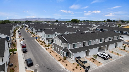 Aerial view of townhome exteriors with landscaping in Provo Utah.