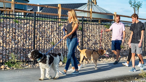 Family casually strolling through the Western Acres community walking their two dogs enjoying the day.