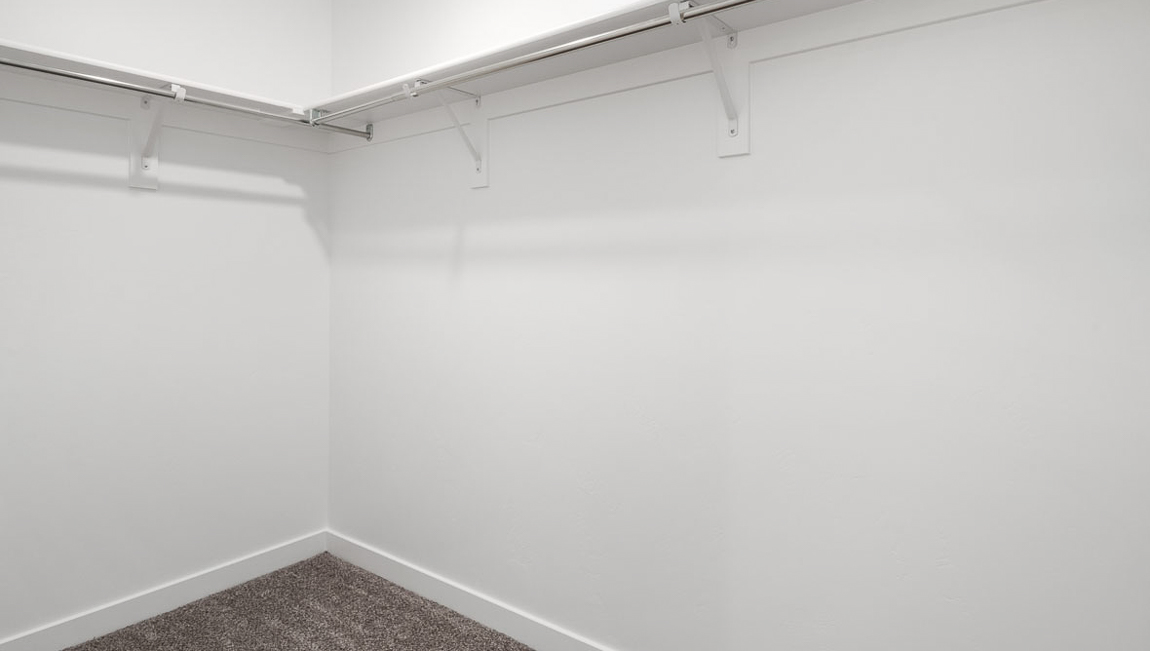Primary walk in closet with shelf surround.