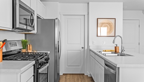 Wide access way in the kitchen flanked with open counterspace, stainless steel appliances and a spacious pantry.