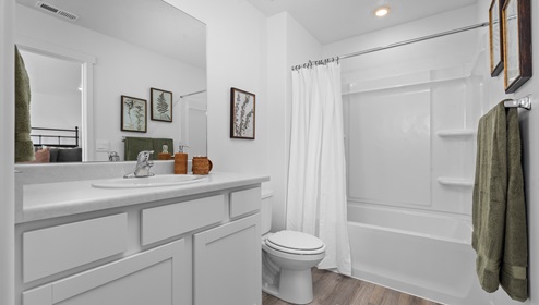 Full size bathroom with white cabinets, toilet and tub shower combination.