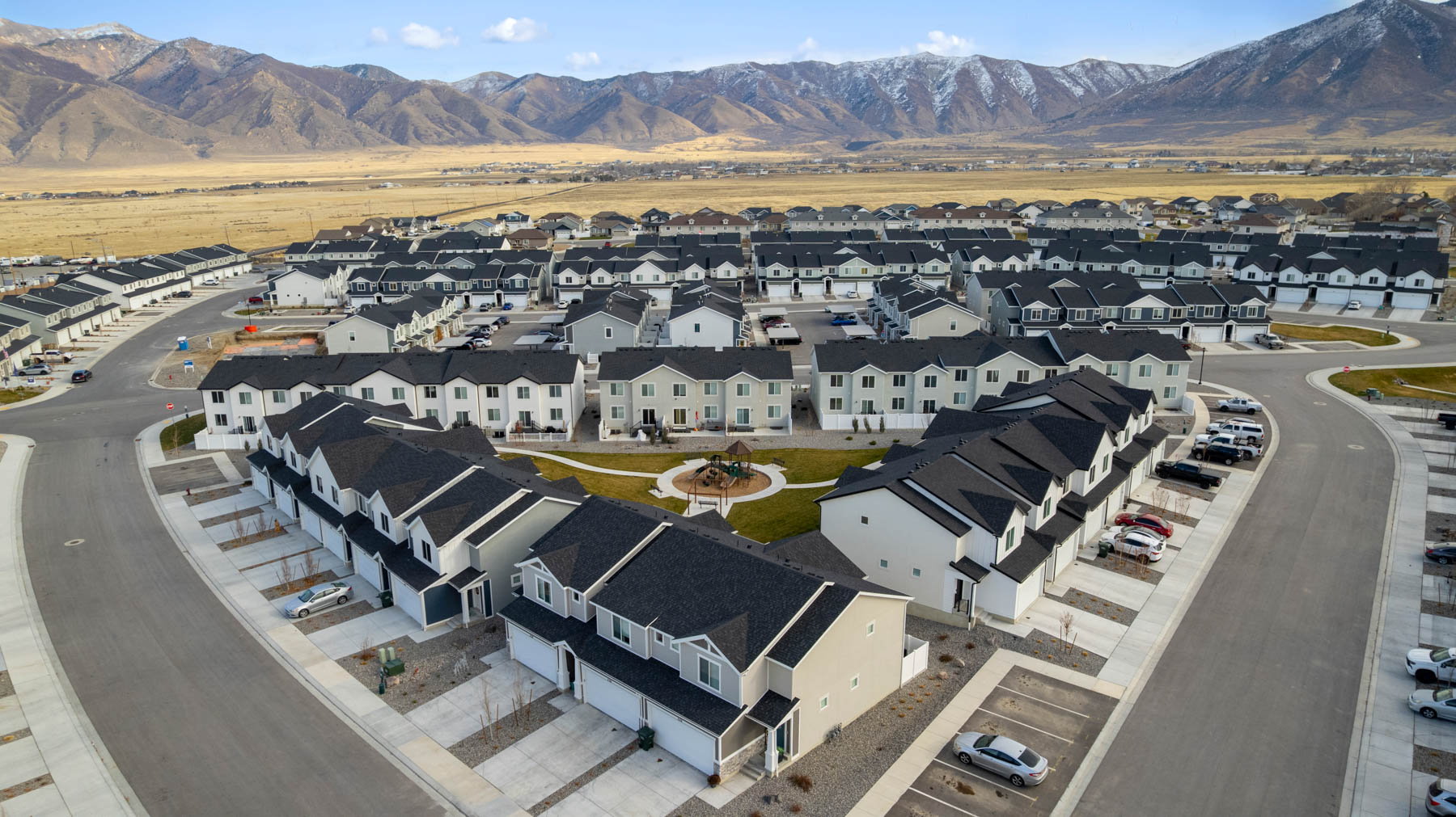 Aerial photo of D.R. Horton’s Western Acres townhome community in Tooele Utah.